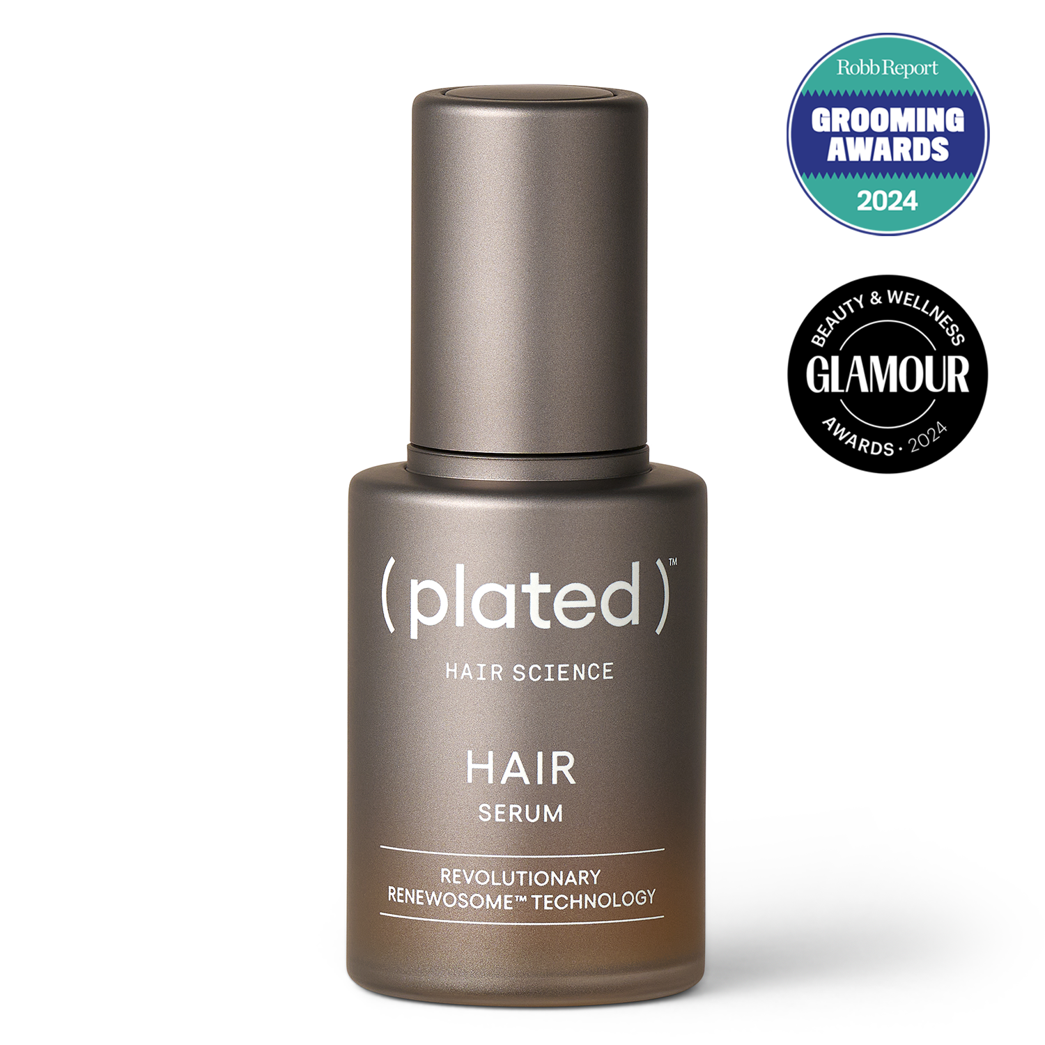 HAIR Serum full-size bottle with 'Robb Report' and 'Glamour' awards badges on a white background.