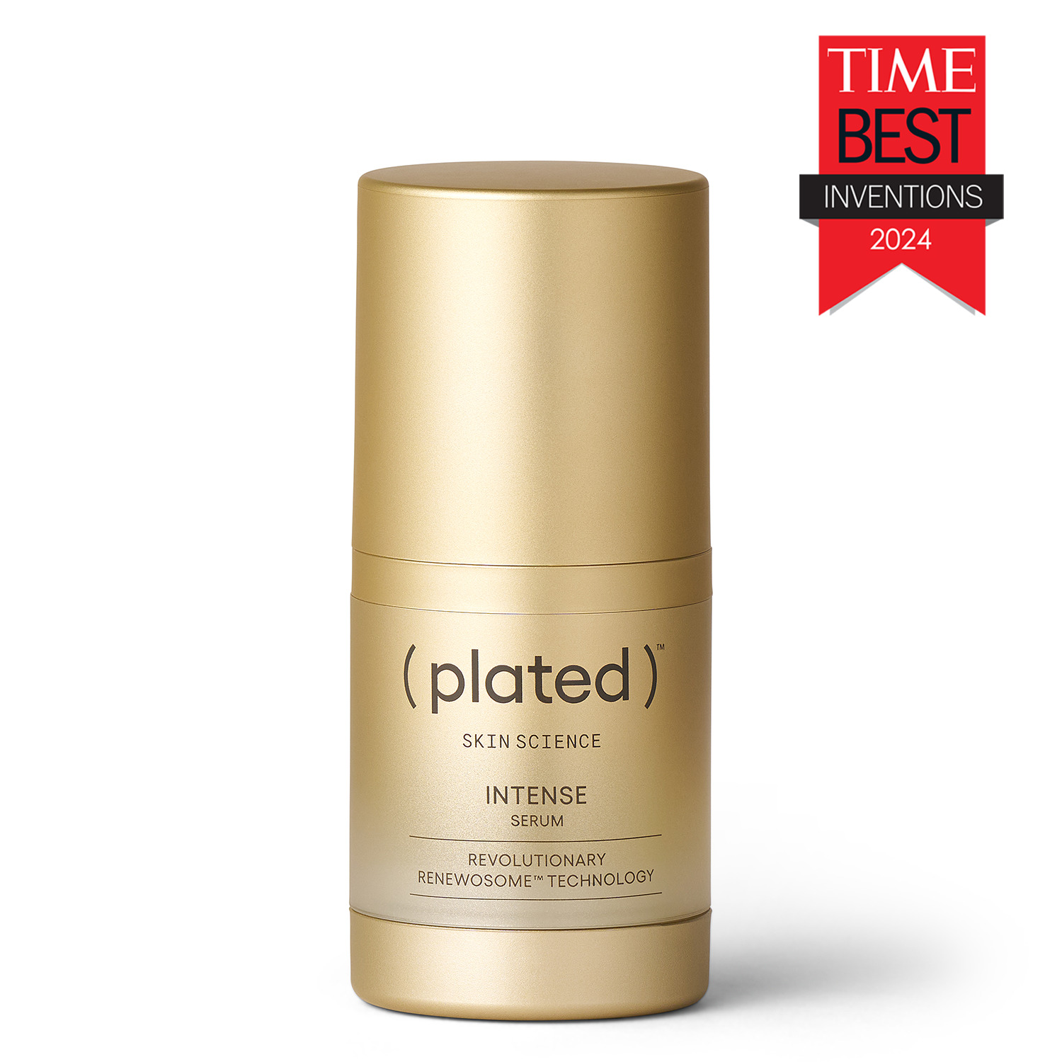 Gold skincare serum bottle labeled ( plated ) Skin Science INTENSE SERUM with 'TIME BEST INVENTIONS 2024' badge on a white background